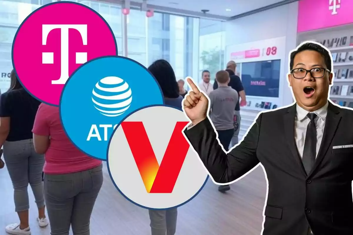 Un hombre sorprendido señala hacia un grupo de personas en una tienda de tecnología, con logotipos de empresas de telecomunicaciones superpuestos. Un hombre sorprendido señala hacia un grupo de personas en una tienda de tecnología, con logotipos de empresas de telecomunicaciones superpuestos.