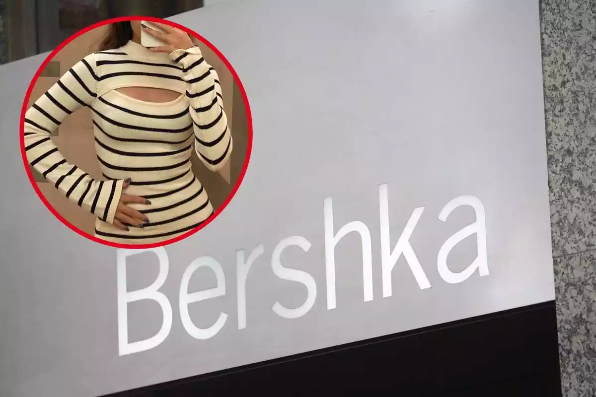 Muntatge amb cartell de botiga de Bershka i cercle vermell amb noia amb vestit blanc amb ratlles negres de Bershka