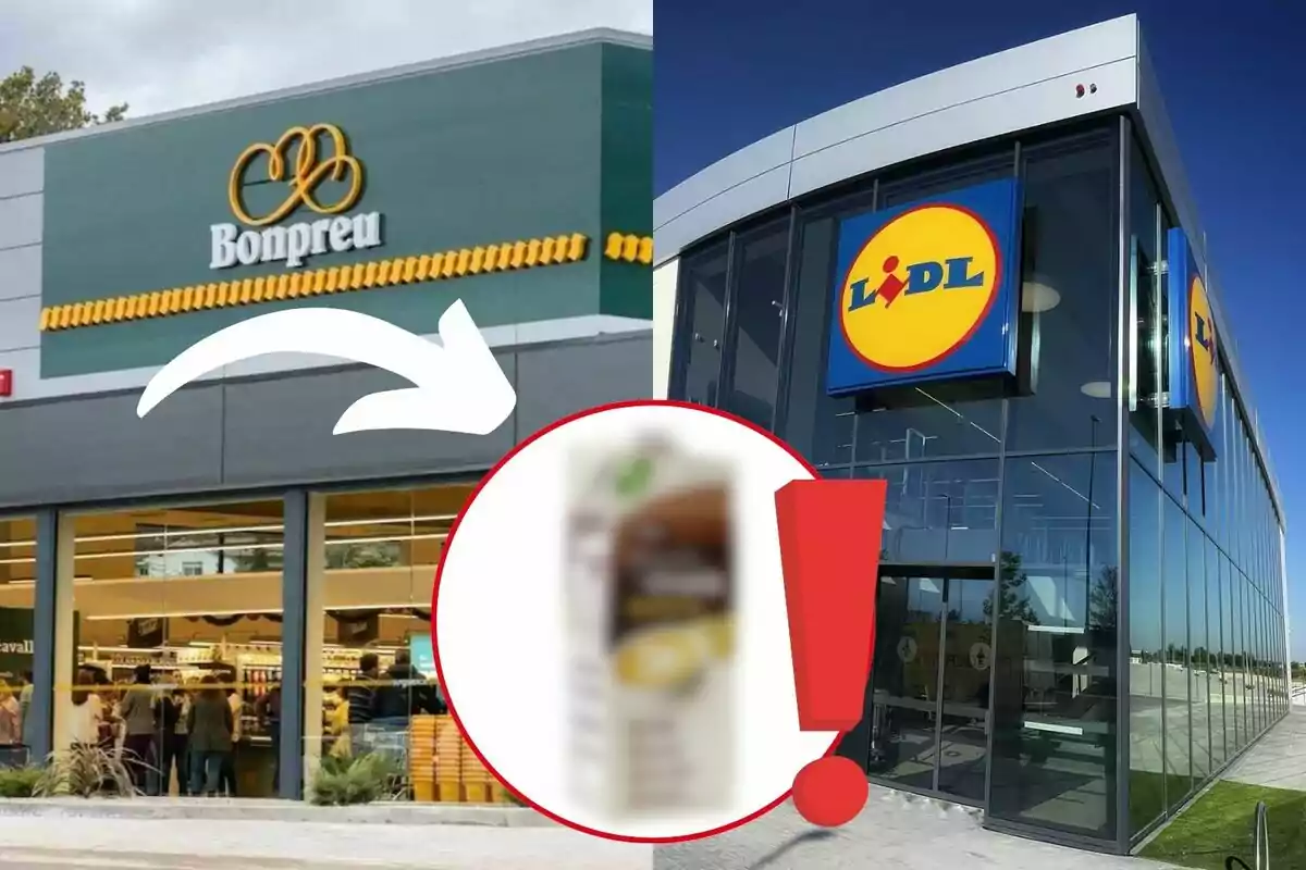 Imatge que mostra dos supermercats, un de Bonpreu i un altre de Lidl, amb una fletxa blanca apuntant de Bonpreu a un cercle vermell amb un signe d'exclamació i una imatge borrosa al centre, i al fons el supermercat Lidl.