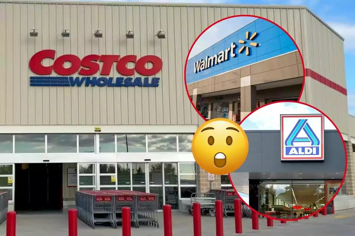 Fachada de una tienda Costco con imágenes superpuestas de Walmart y Aldi dentro de círculos rojos y un emoji sorprendido.