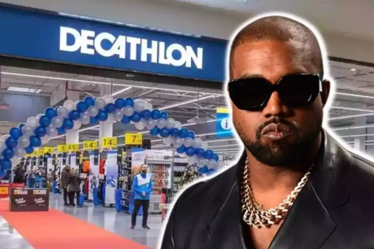 Muntatge amb la imatge de l'entrada d'una botiga de Decatlhon i la cara del raper nord-americà Kanye West