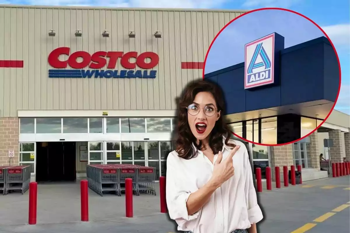 A surprised woman points to an Aldi sign within a red circle overlaid on the image of a Costco store.