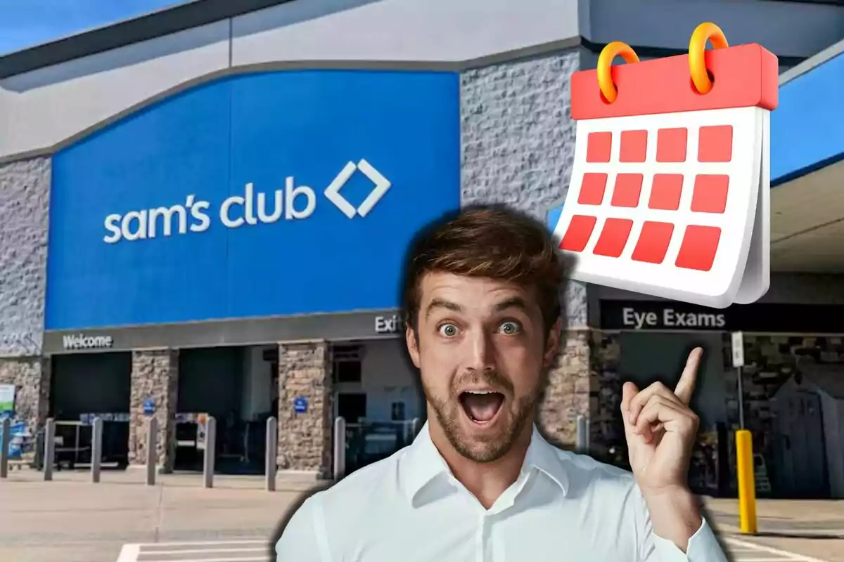 Excited man pointing at a calendar in front of a Sam's Club store.