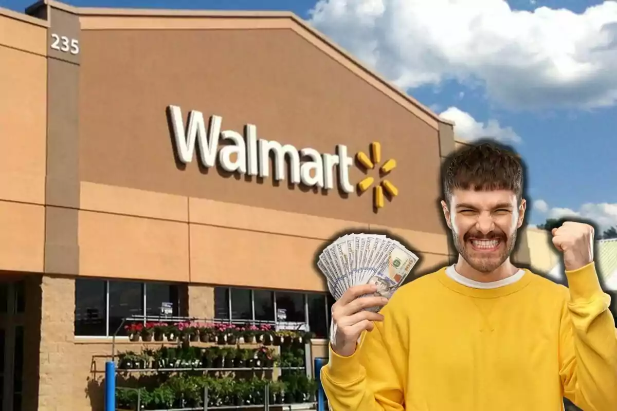 A smiling man with a wad of cash in front of a Walmart store.