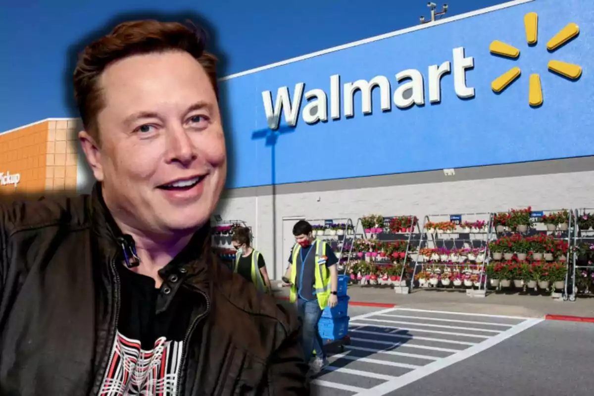 Elon Musk sonriendo frente a una tienda de Walmart con empleados y plantas en exhibición.