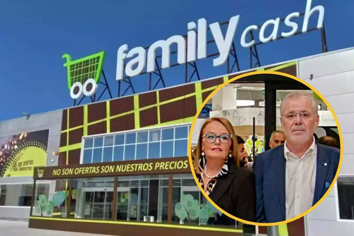 Muntatge amb l´exterior d´un supermercat de Family Cash i un cercle amb els amos de la cadena, José Canet i Rosa María Ferrero