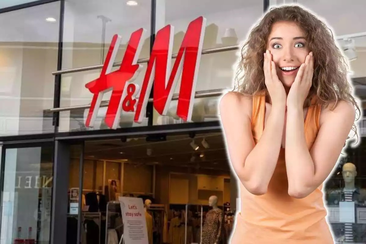 Muntatge de l'exterior d'una botiga de moda de H&M amb una noia sorpresa al costat dret