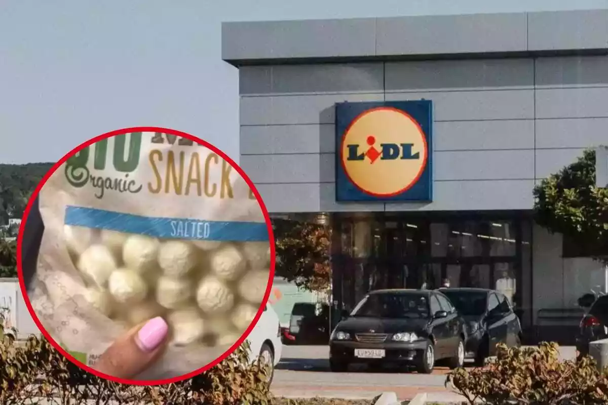 Muntatge amb l'exterior d'una botiga de Lidl i un cercle amb una bossa de snacks de la marca Snack Day