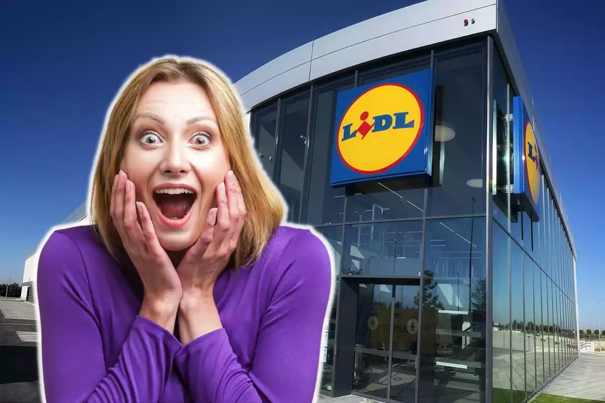 Muntatge amb l´exterior d´una botiga de Lidl i una dona amb cara de sorpresa