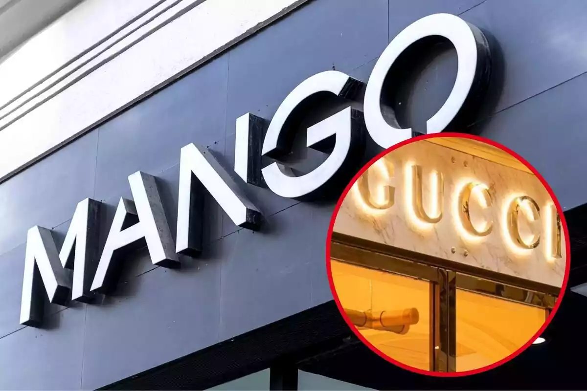 Muntatge amb el rètol de Mango a l'exterior d'una de les botigues i un cercle amb el rètol de Gucci a la porta d'un dels seus establiments