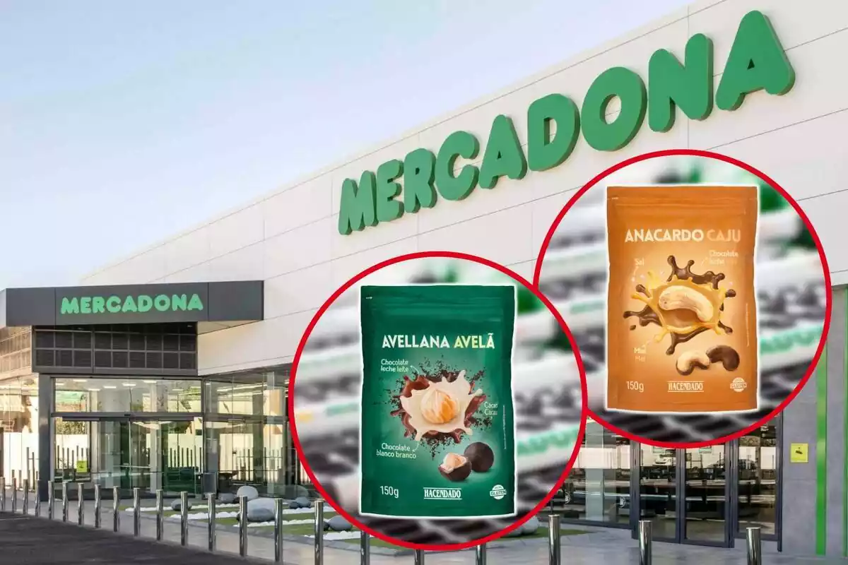 Muntatge amb l´exterior d´una botiga de Mercadona i dos cercles amb les bosses d´avellanes i anacards amb xocolata de la marca Hacendado