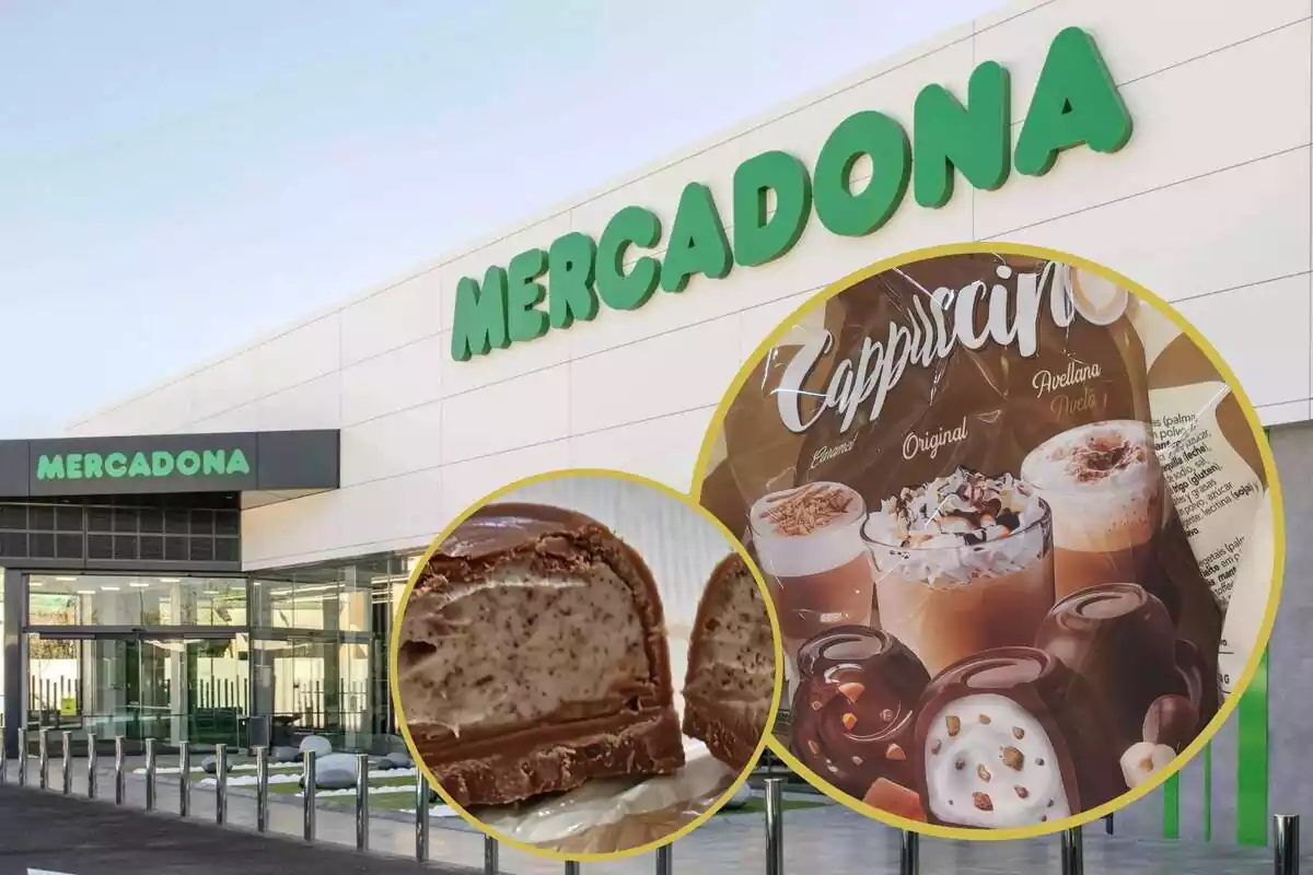 Muntatge amb l'exterior d'una botiga de Mercadona i dos cercles amb la bossa de bombons Capuccino de tres sabors i un dels bombons partit per la meitat