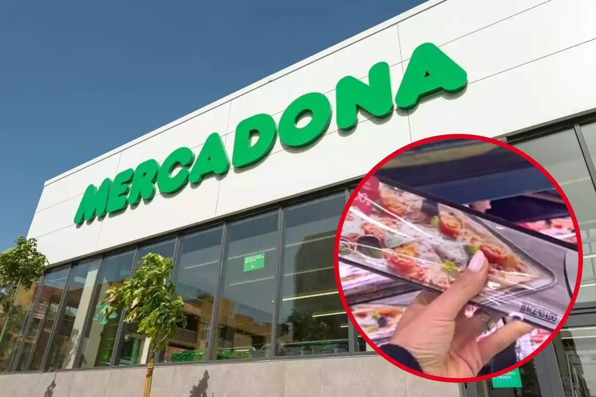 Muntatge amb l´exterior d´una botiga de Mercadona i un cercle amb una mà subjectant la nova massa de pizza rectangular de la marca blanca Hacendado