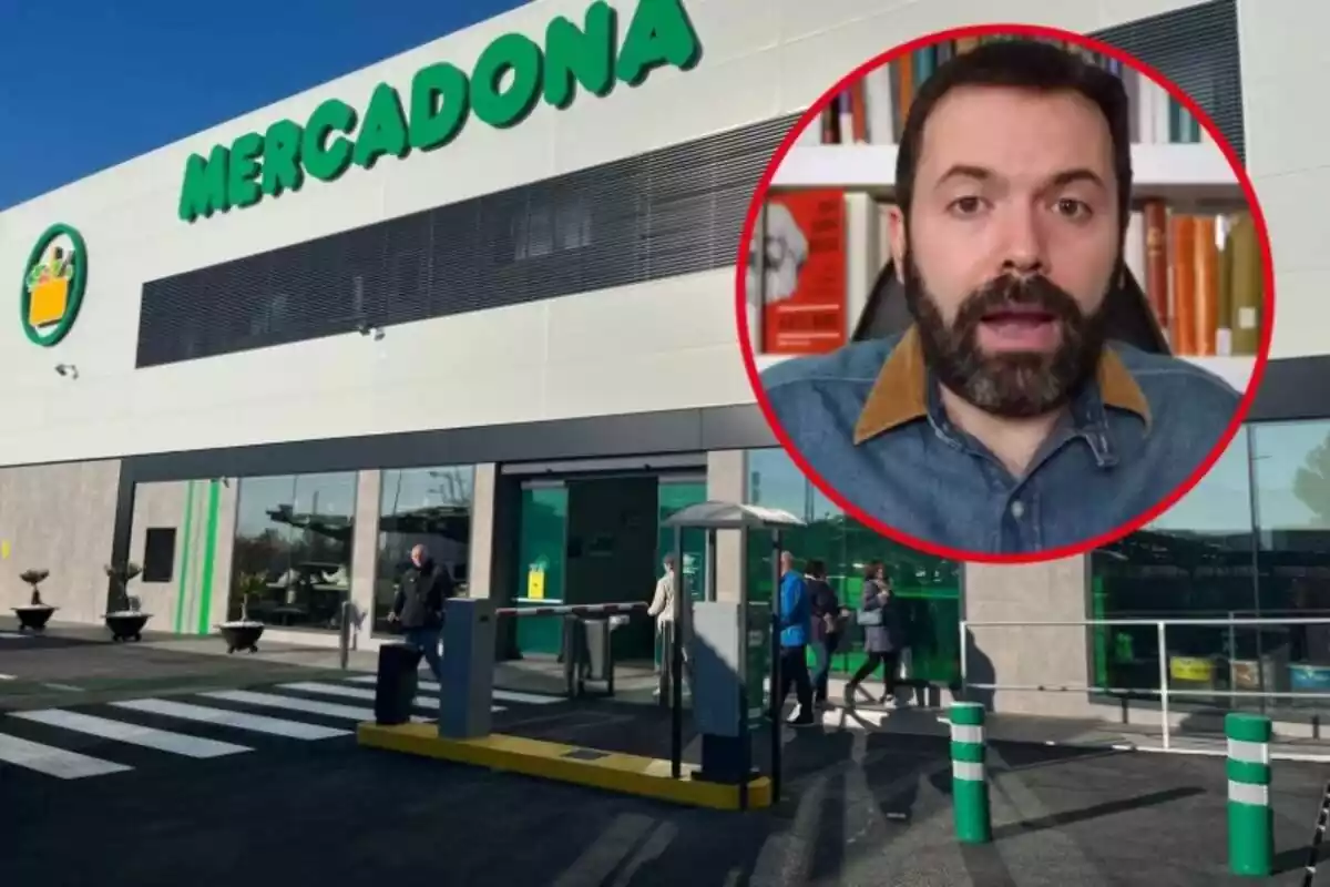 Façana d'un Mercadona, amb Juan Ramón Rallo al cercle