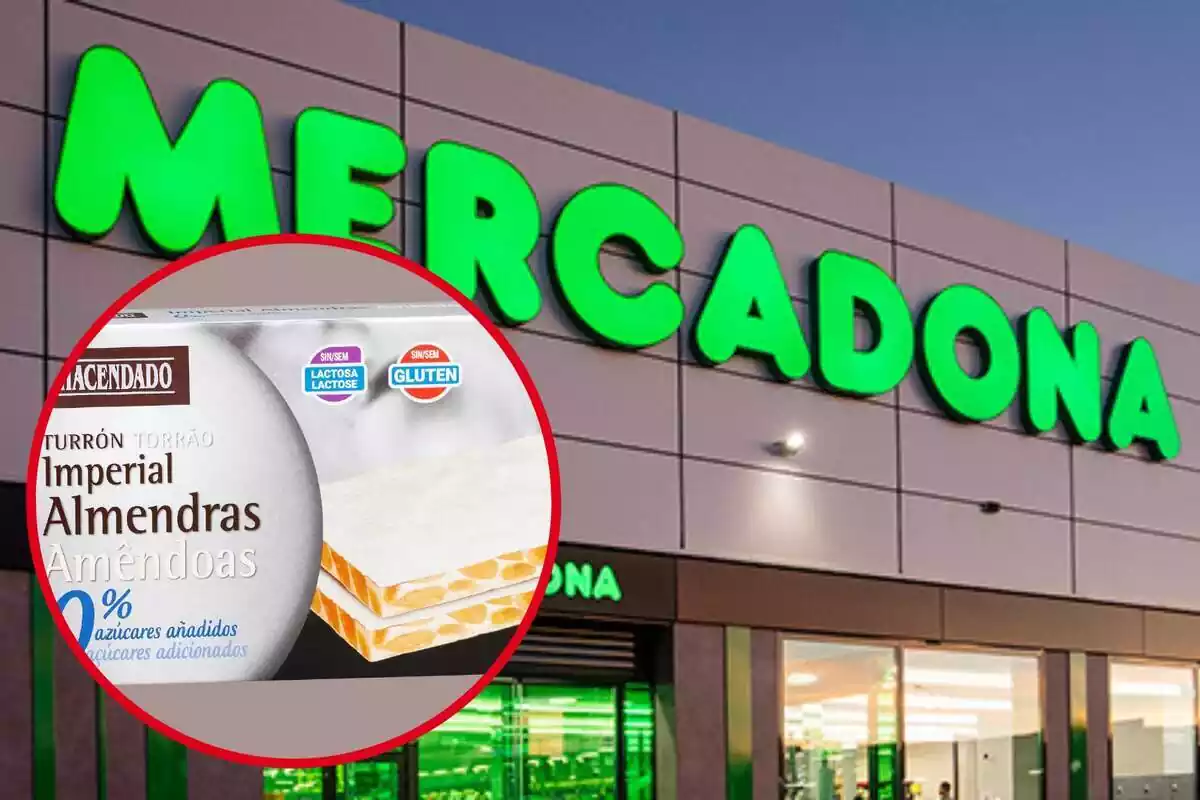 Muntatge amb l´exterior d´una botiga de Mercadona i un cercle amb el torró d´ametlles sense sucres de la marca blanca Hacendado