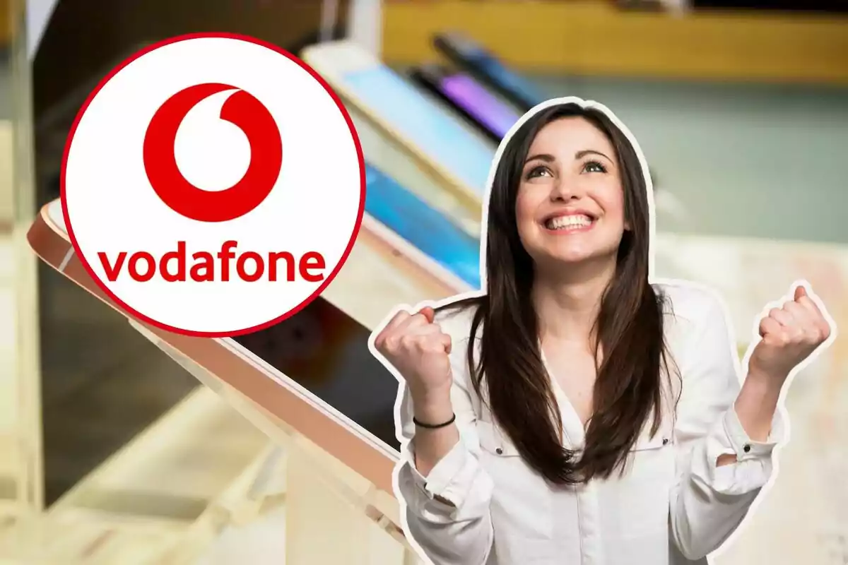 A smiling woman with a triumphant gesture next to the Vodafone logo.