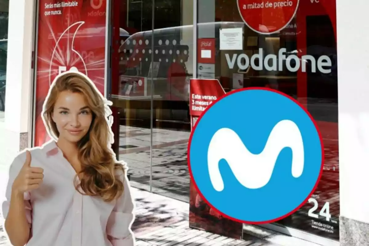 Una botiga de Vodafone, amb una noia amb el polze enlaire, i al cercle, el logo de Movistar