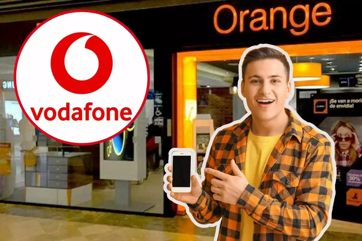 Un home somrient sosté un telèfon mòbil davant d'una botiga d'Orange amb el logotip de Vodafone superposat.