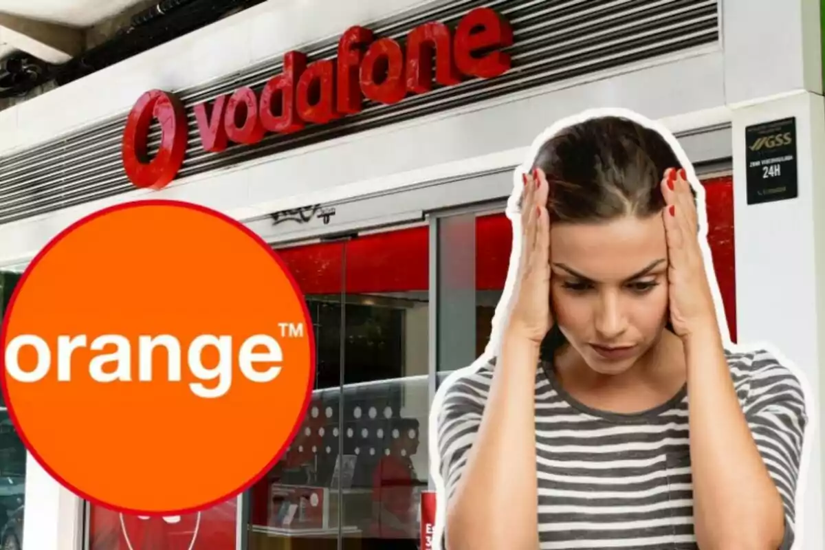 Mujer con gesto de preocupación frente a una tienda de Vodafone y el logo de Orange.