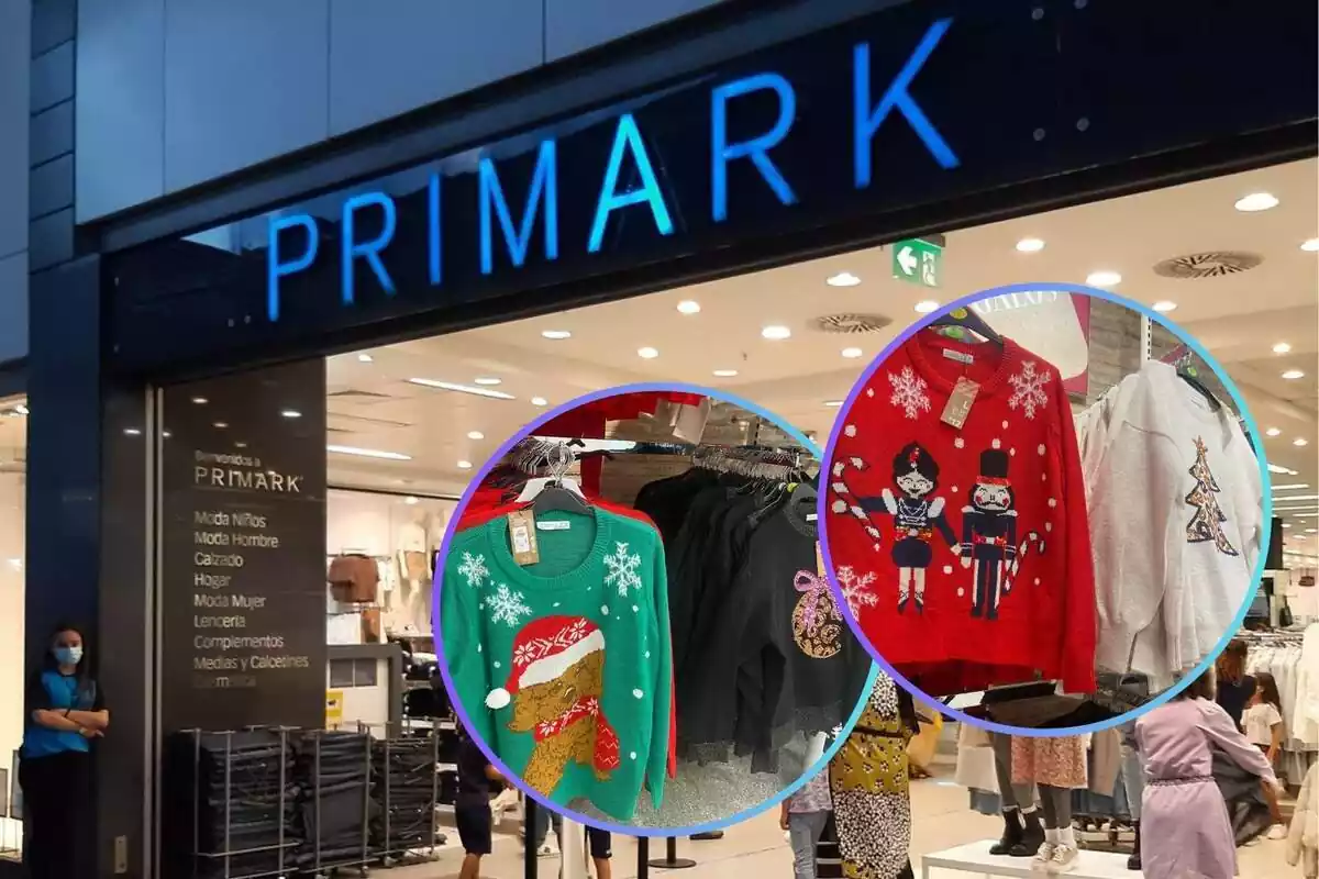 Muntatge amb l'exterior d'una botiga de Primark i dos cercles amb els jerseis nadalencs que estan a la venda a les botigues