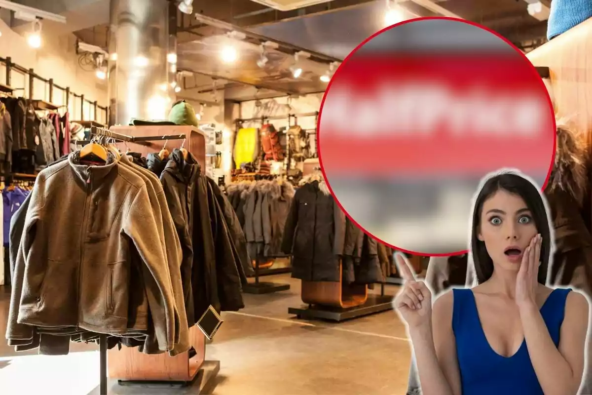 Una tienda de ropa con abrigos colgados y una persona sorprendida señalando un círculo borroso en la imagen.