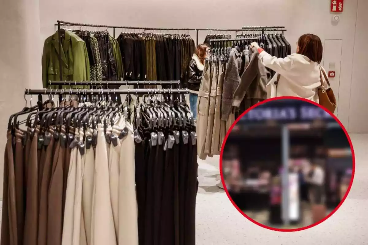 Muntatge de l´interior d´una botiga de roba amb una dona mirant i una botiga Victoria's Secret desenfocada