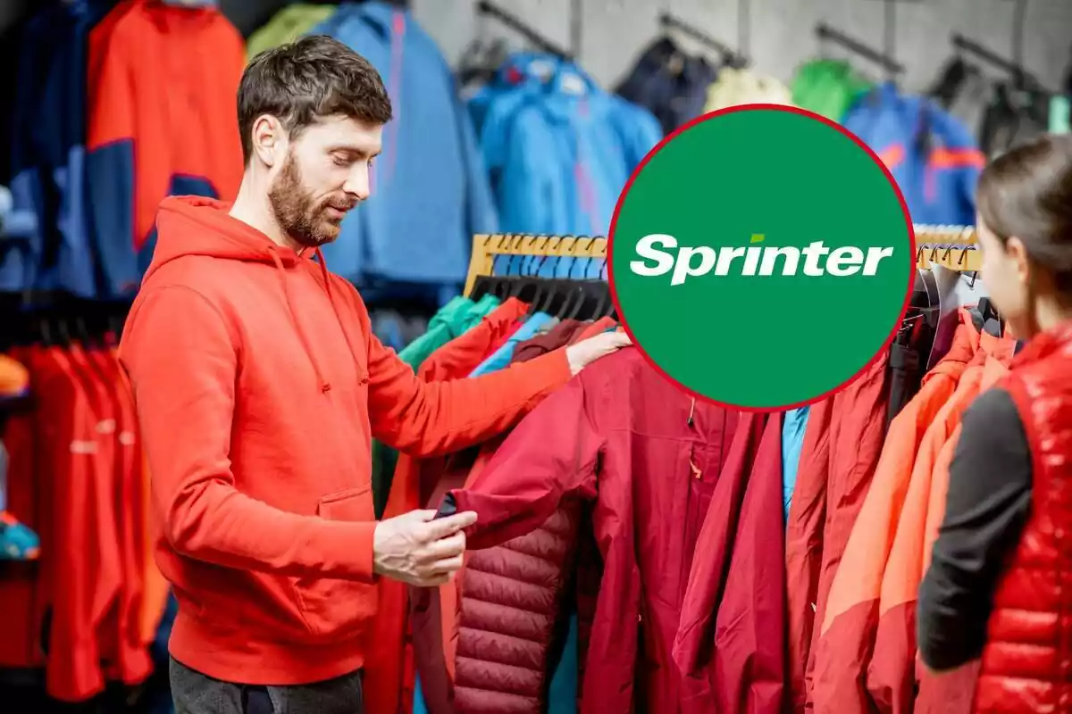 Muntatge amb un home comprant roba esportiva i un logotip de Sprinter