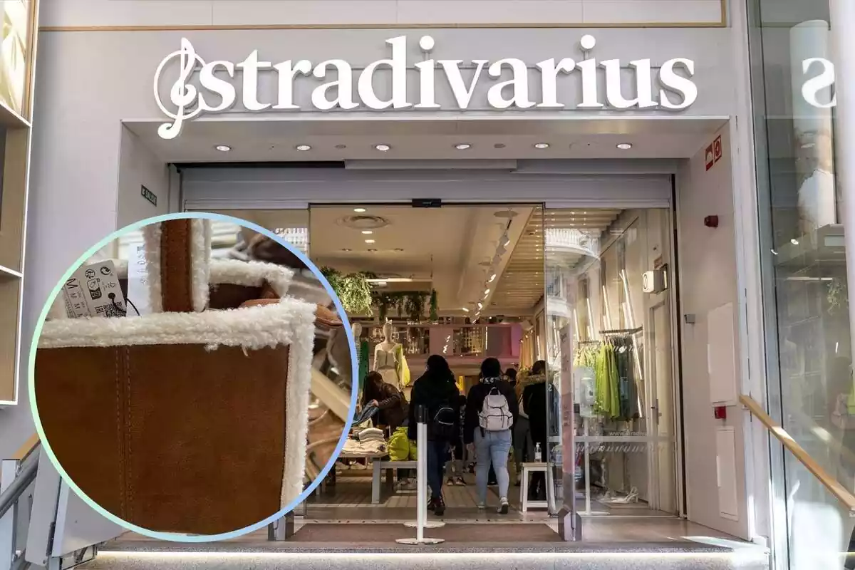 Muntatge amb l'exterior d'una botiga de Stradivarius i un cercle amb tot doble faç marró de la mateixa marca