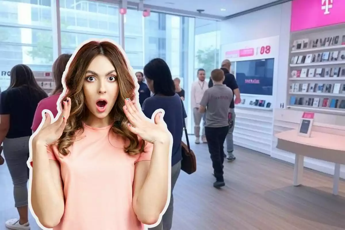 A surprised woman in the foreground with a tech store in the background.