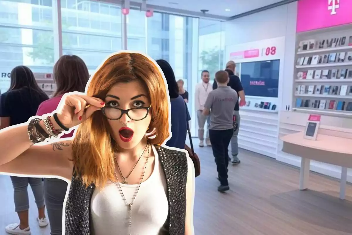 A woman with a surprised expression and glasses in a technology store with several people in the background. A woman with a surprised expression and glasses in a technology store with several people in the background.