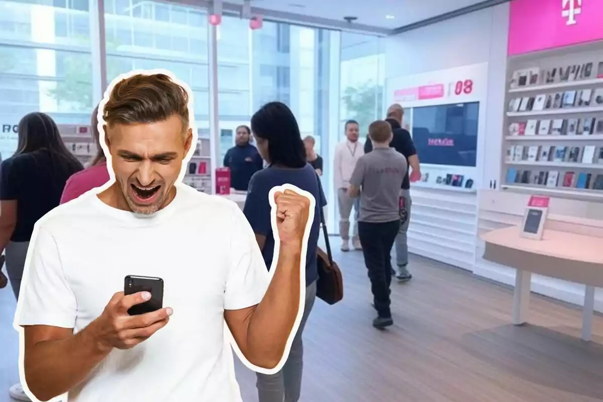 A man excited with a phone in his hand in a tech store with several people in the background. A man excited with a phone in his hand in a tech store with several people in the background.