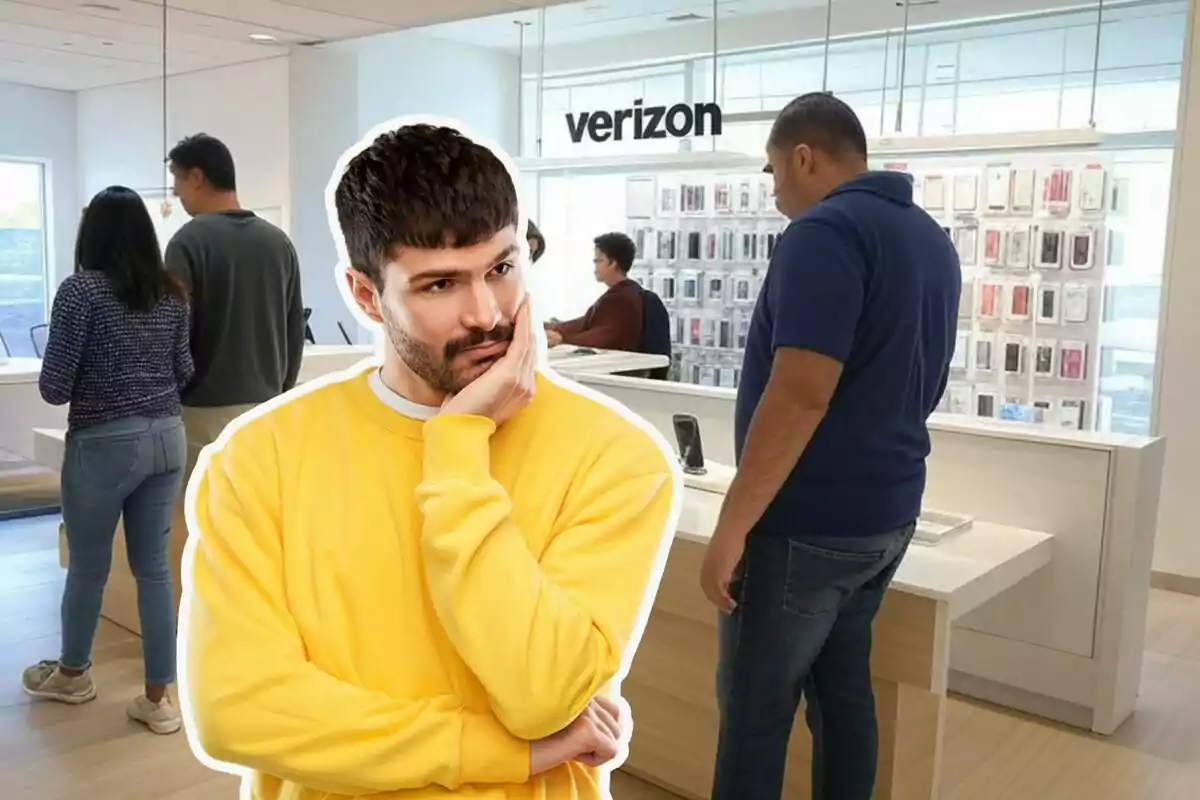 A man in a yellow sweater looks thoughtful in front of a tech store where several people are shopping. A man in a yellow sweater looks thoughtful in front of a tech store where several people are shopping.