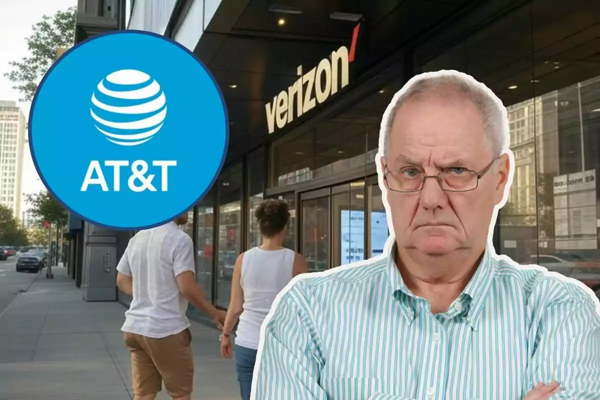 Un hombre con expresión seria está superpuesto sobre una imagen de una tienda de Verizon, mientras que el logo de AT&T aparece en primer plano.