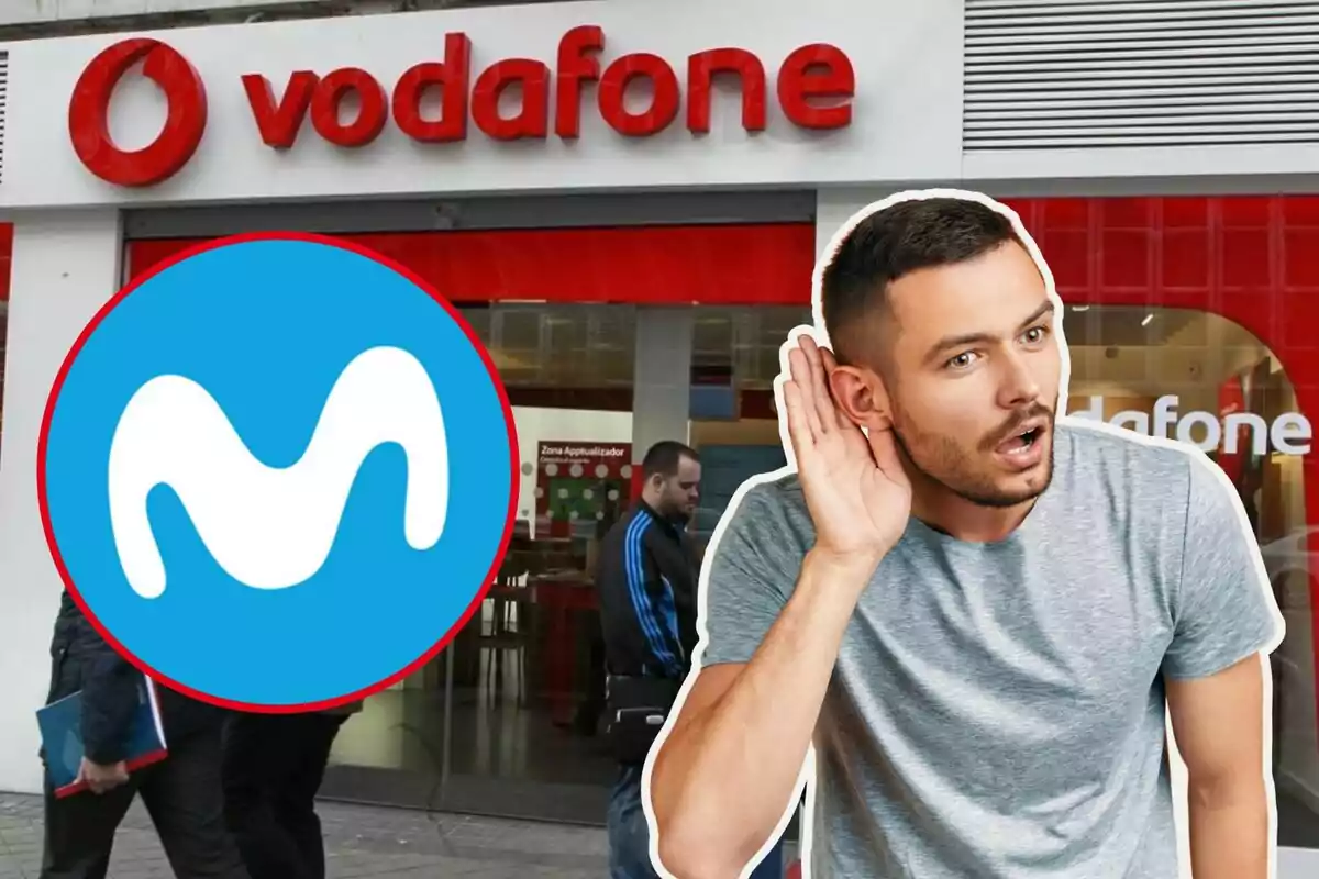 Un hombre con una expresión de sorpresa y gesto de escuchar, con el logo de Movistar superpuesto sobre una tienda de Vodafone.