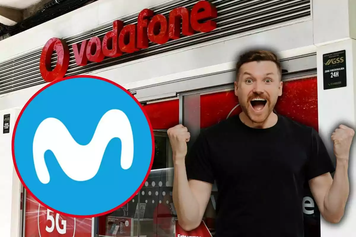 Un home emocionat davant d'una botiga de Vodafone amb el logotip de Movistar superposat.