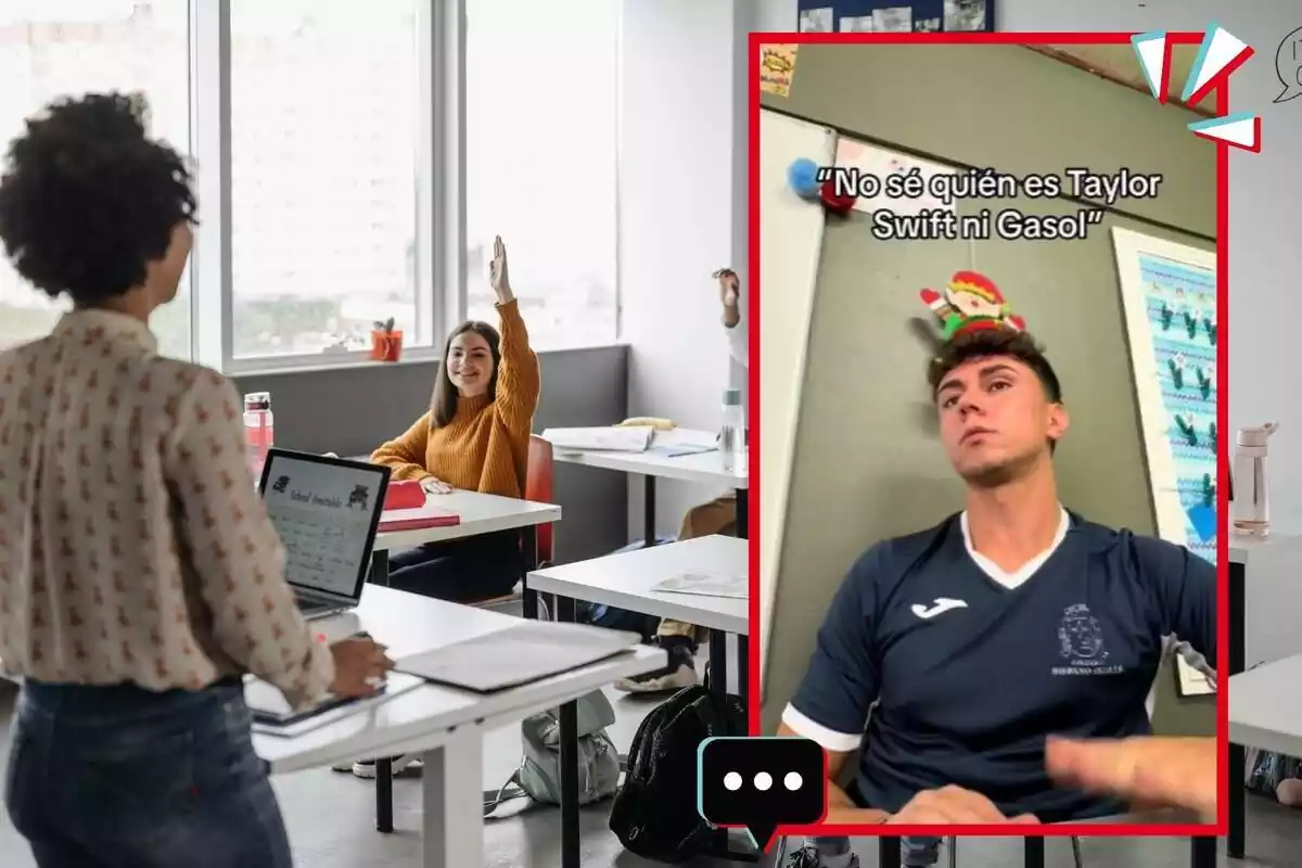 Montaje de una foto de una clase con una profesora y los alumnos con la mano levantada y una captura del Tiktok de @alvaropatoon en un video donde les pregunta a sus alumnos cosas de su ídolos