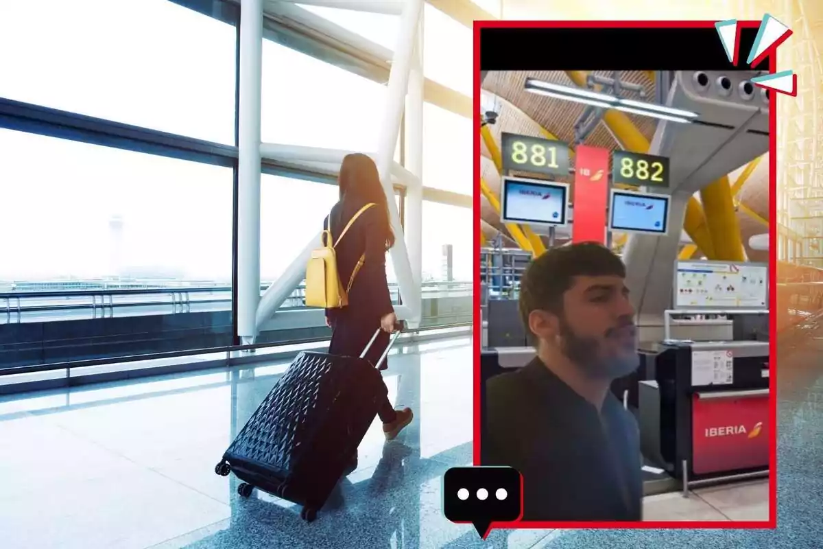 Muntatge de dona amb la maleta a l'aeroport i una captura del tiktok de @daviiglezz on se'l veu imitant un treballador d'aeroport, amb camisa i barba
