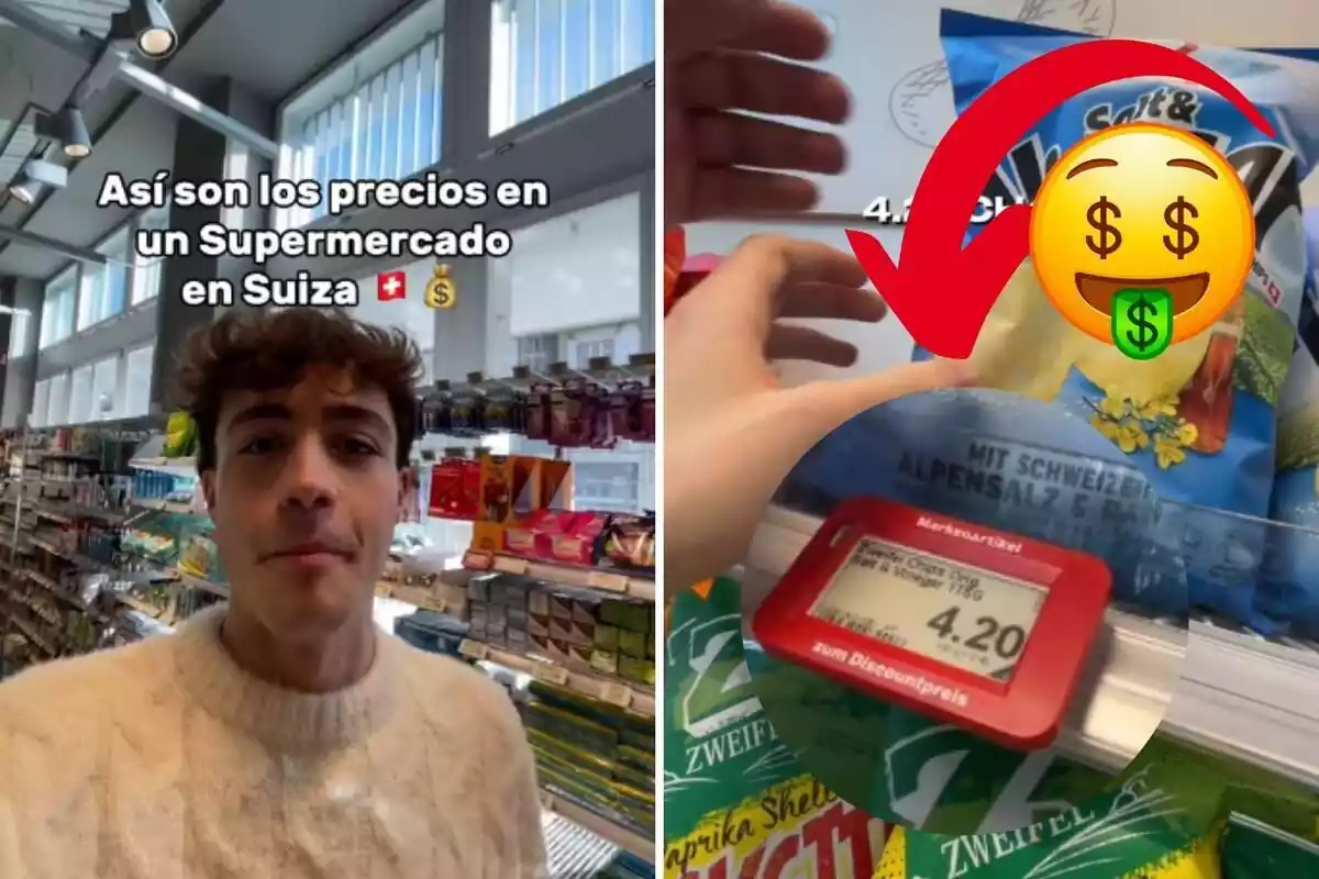 Muntatge amb dos captura de TikTok amb un noi en un supermercat, el preu duna bossa de patates amb una fletxa i un emoji de diners