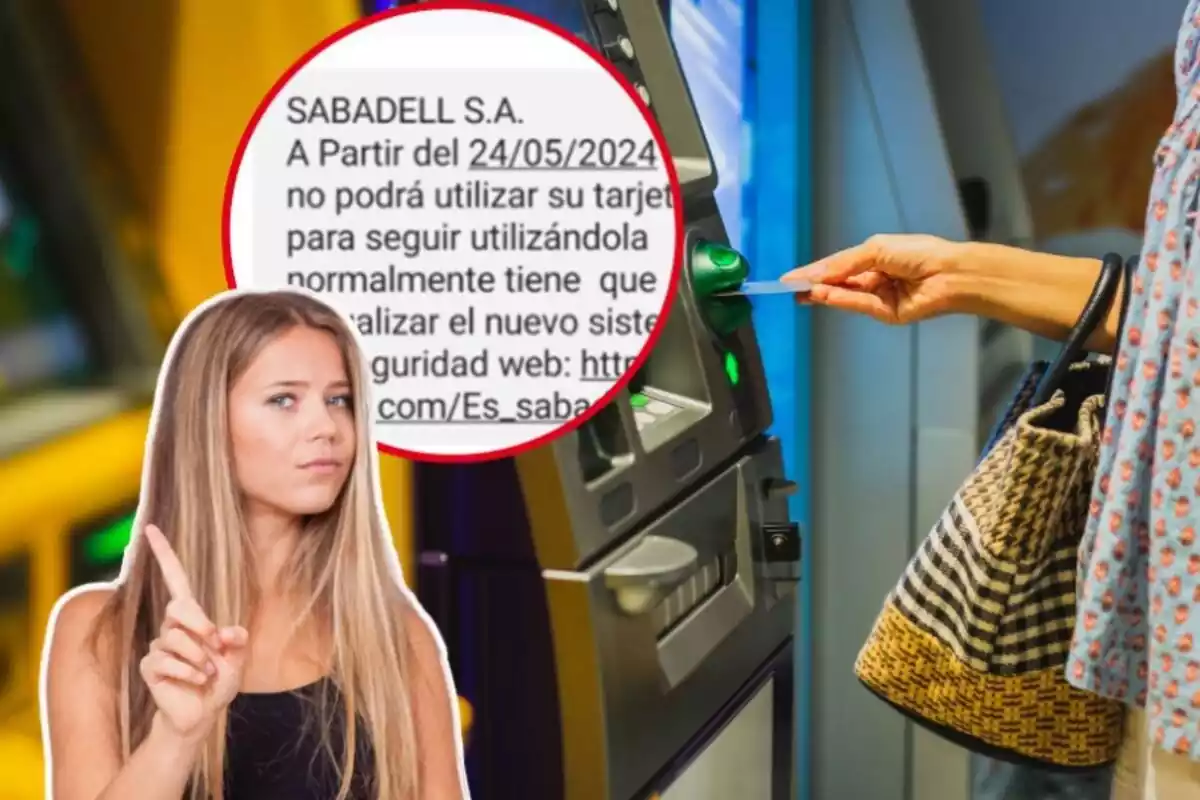 Una dona introdueix la targeta al caixer, mentre que una noia fa un signe de negació amb el dit i al cercle, un missatge fraudulent del Sabadell