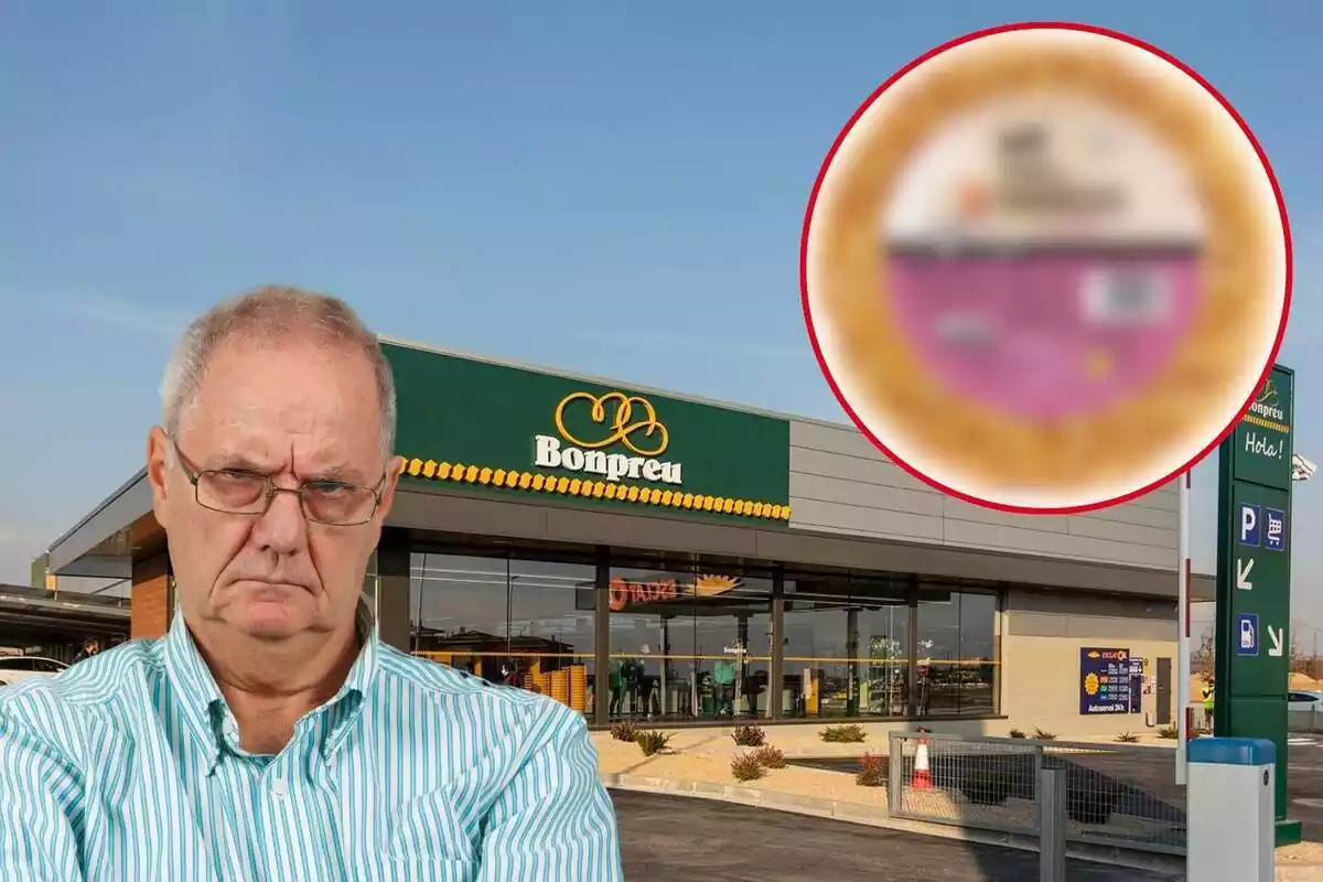 Muntatge d'una botiga Bonpreu des de l'exterior, un home enfadat amb camisa de ratlles i una truita de patates desenfocada