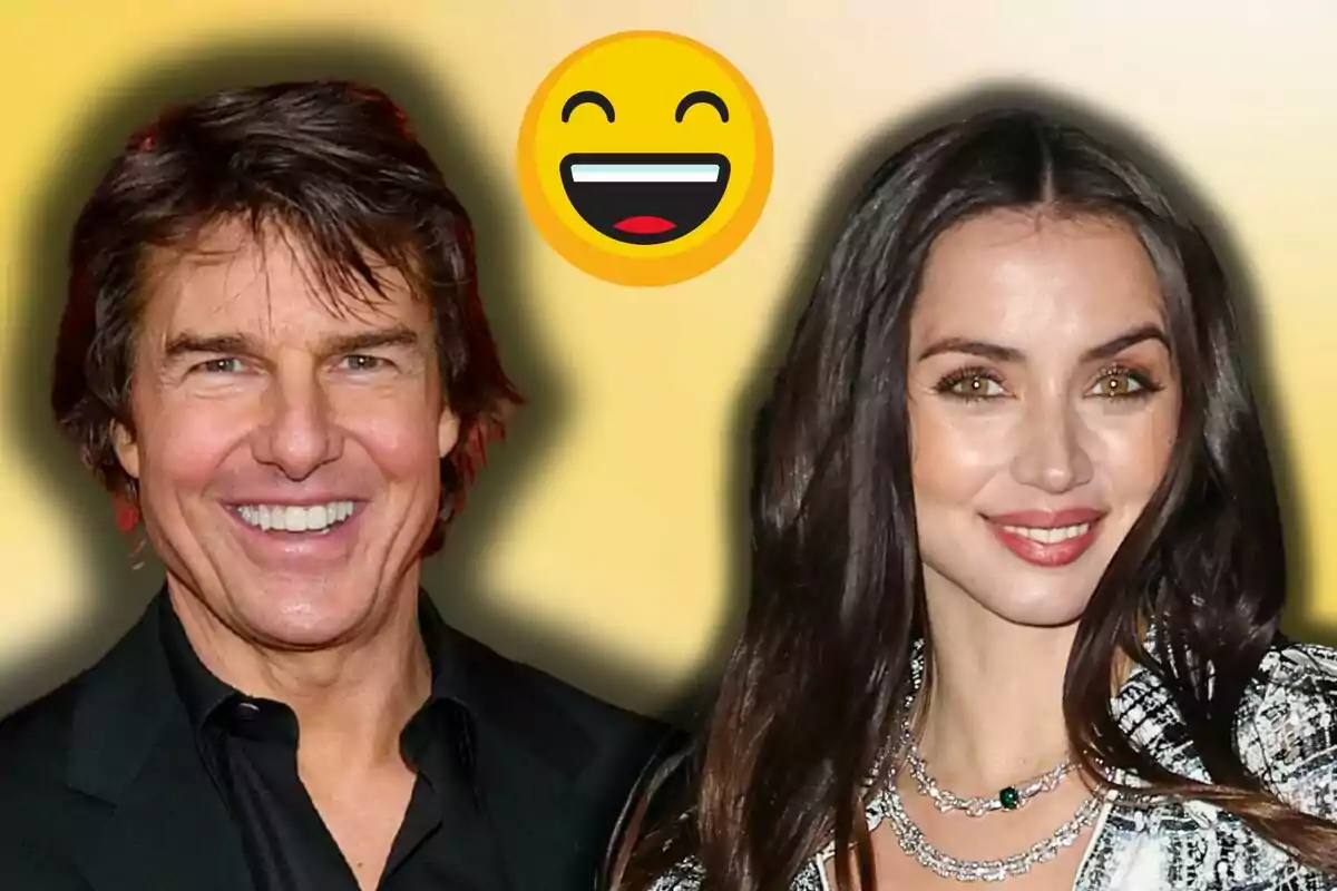 Tom Cruise and Ana de Armas smiling with a happy face emoji on a yellow background.