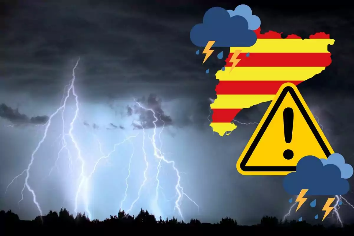 Mapa de Catalunya amb icones de tempesta i senyal d'advertiment sobre un fons de llampecs.