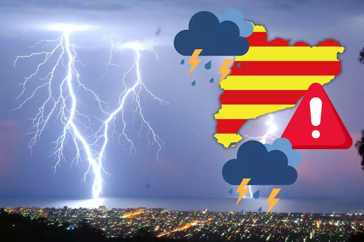 Una tempesta elèctrica il·lumina el cel nocturn sobre una ciutat amb un mapa de Catalunya a la banda dreta que mostra icones d'alerta meteorològica i núvols de tempesta.