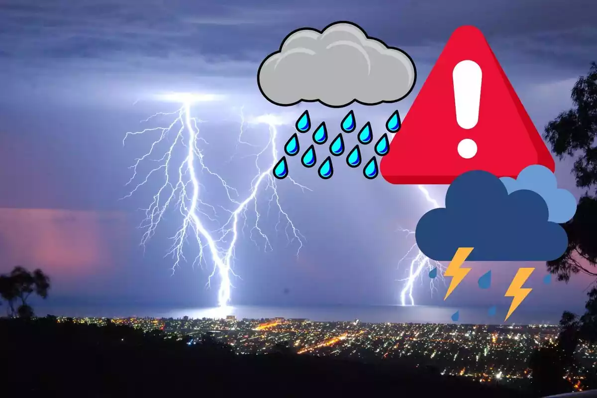 Muntatge amb un pla general d'una tempesta elèctrica, senyal d'alerta i icones de núvols, pluja i raigs