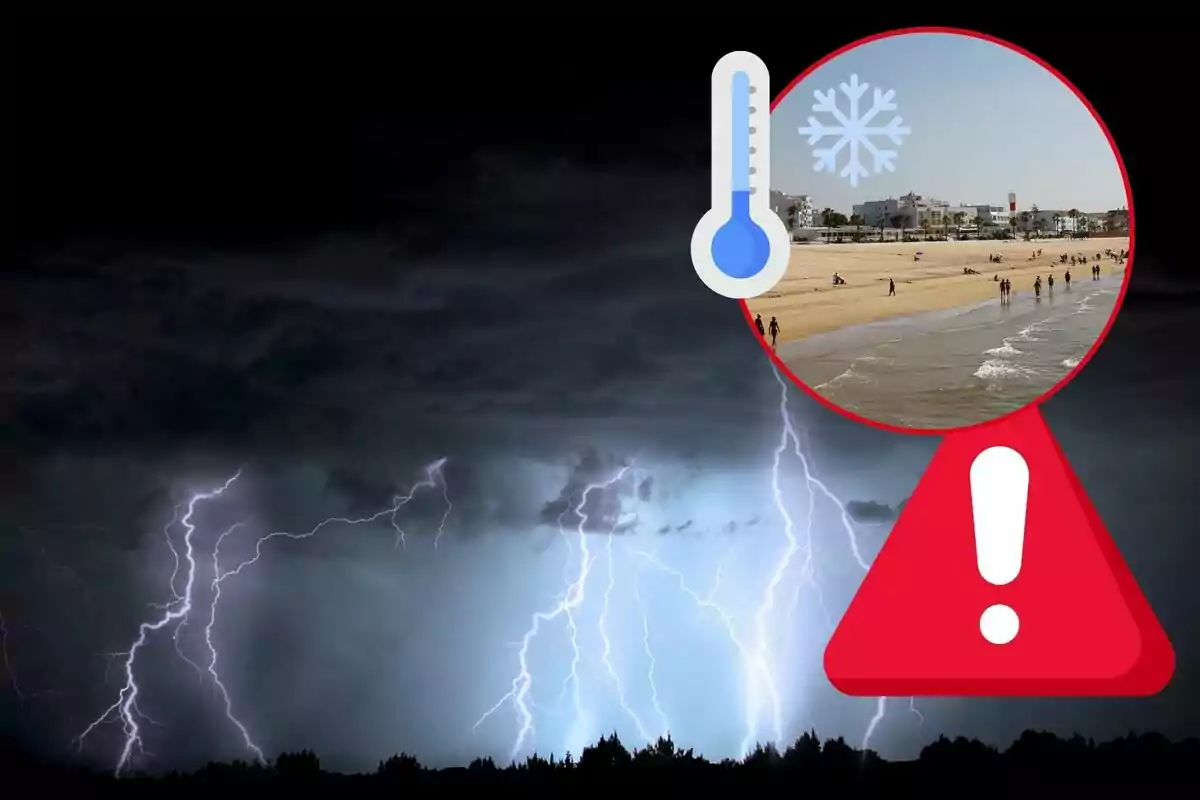 Tempesta elèctrica amb raigs al cel fosc i una icona d'advertència que mostra una platja amb un termòmetre i un floc de neu.