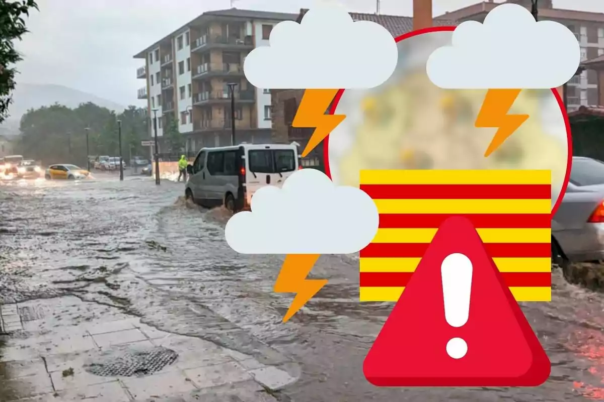 Inundació en una ciutat amb vehicles transitant per carrers negats i un gràfic d'advertència meteorològica superposat.