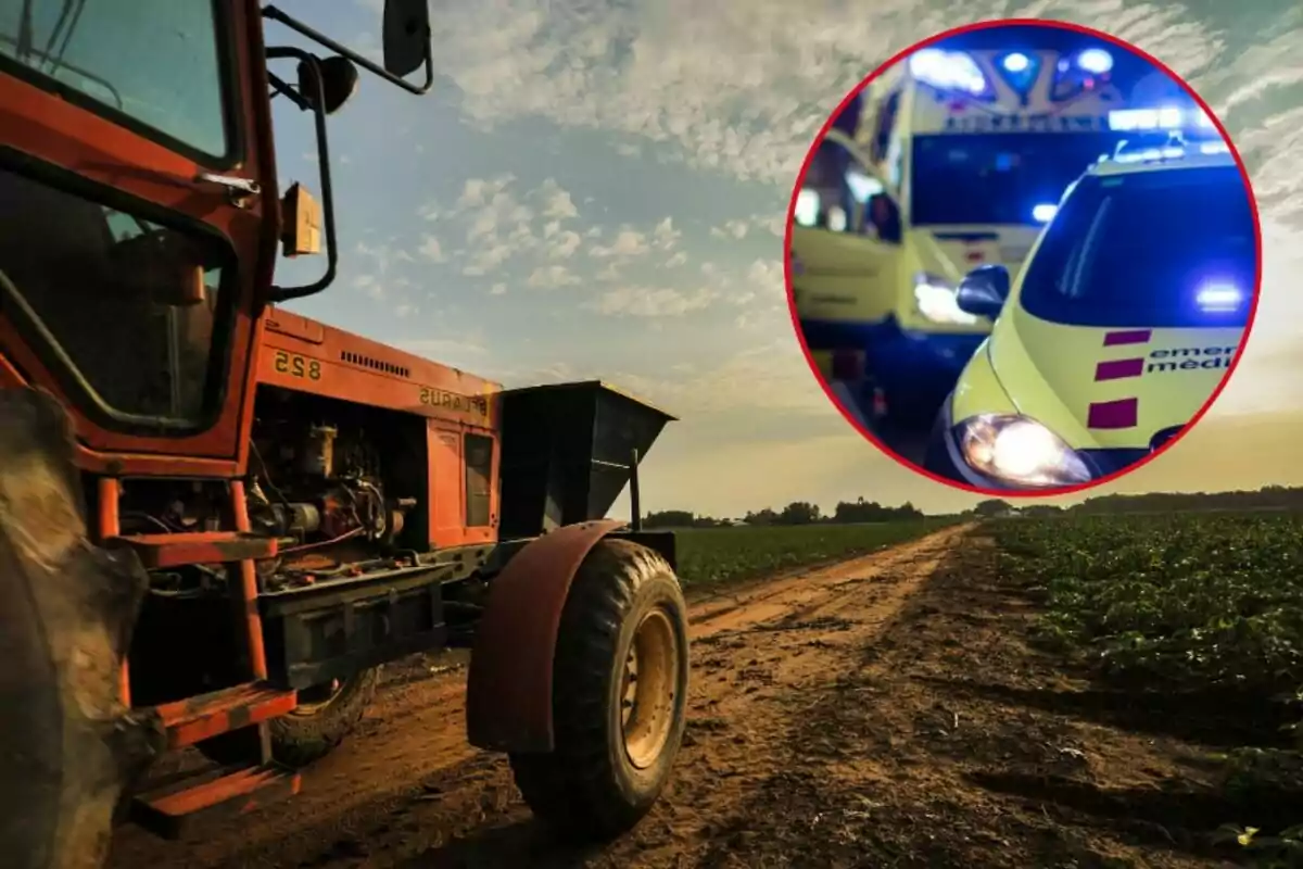 Un tractor vermell en un camp amb un cercle que mostra vehicles d?emergència.