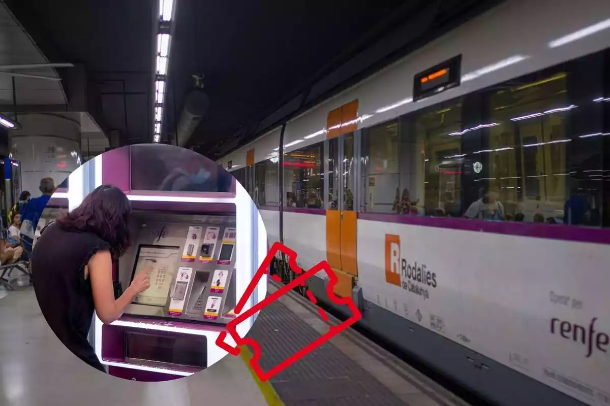 Muntatge d'un tren de Rodalies aturat en una andana, una dona en una màquina de Renfe i uns tiquets