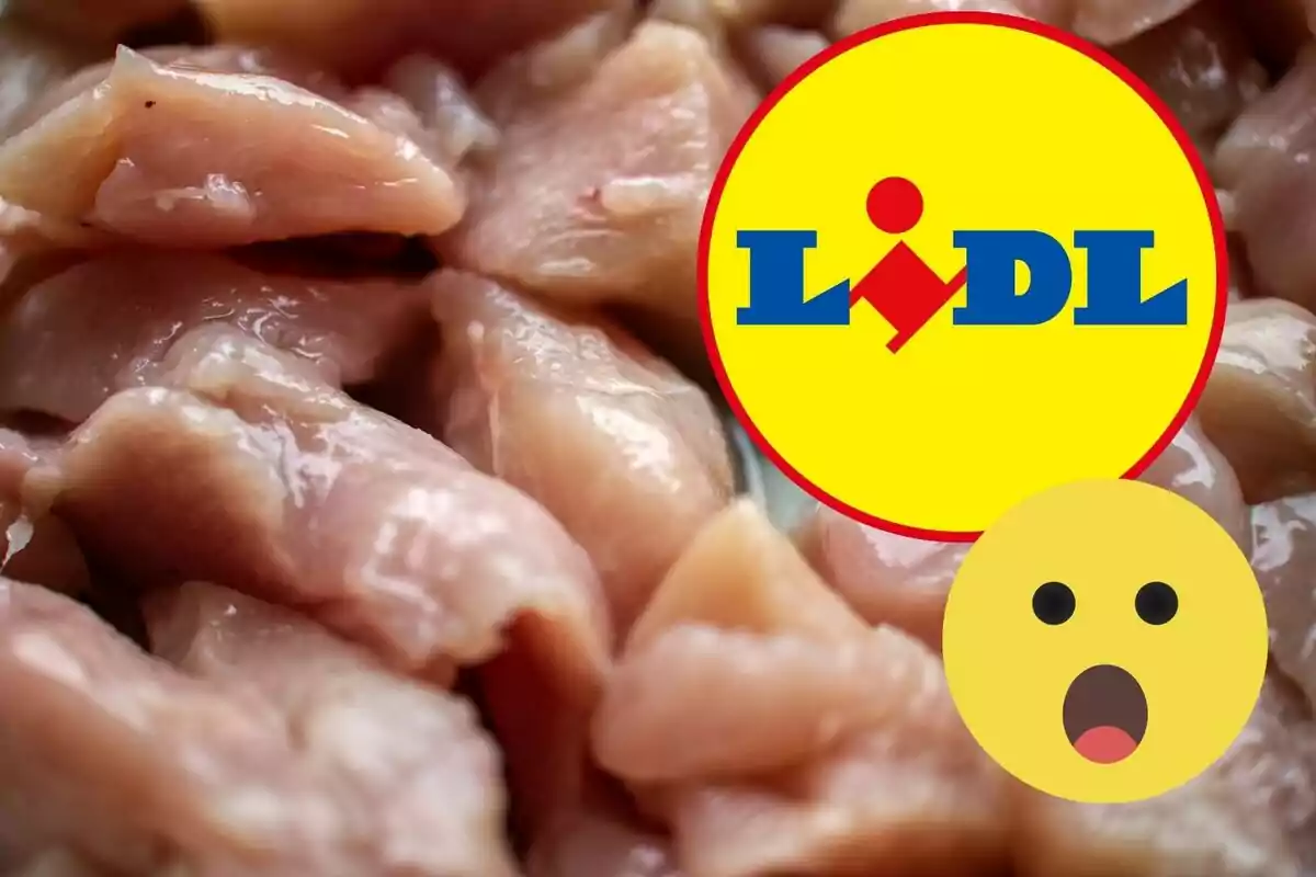 Peces de pollastre cru amb el logotip de Lidl i un emoji sorprès.