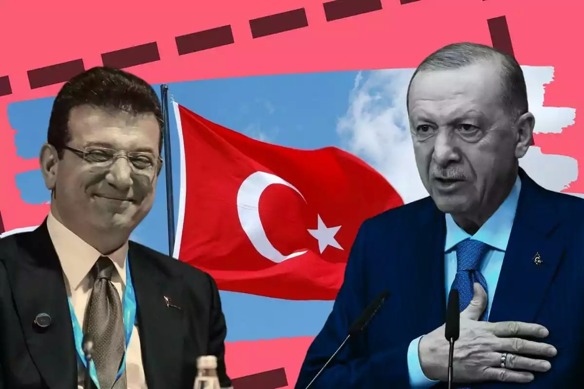 Recep Tayyip Erdoğan y Ekrem İmamoğlu en traje frente a una bandera de Turquía con un fondo colorido.